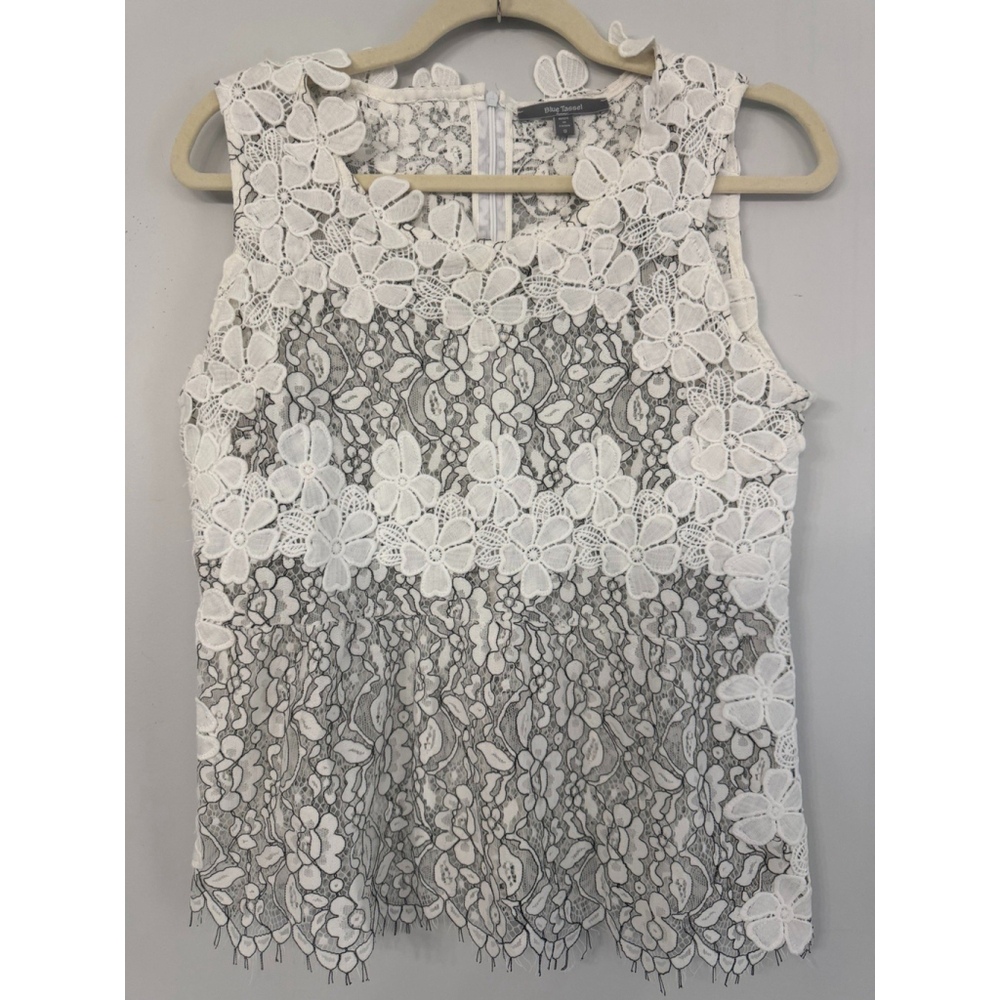 Blue Tassel For Anthropologie Women’s Small Floral White Lace Transparent Top